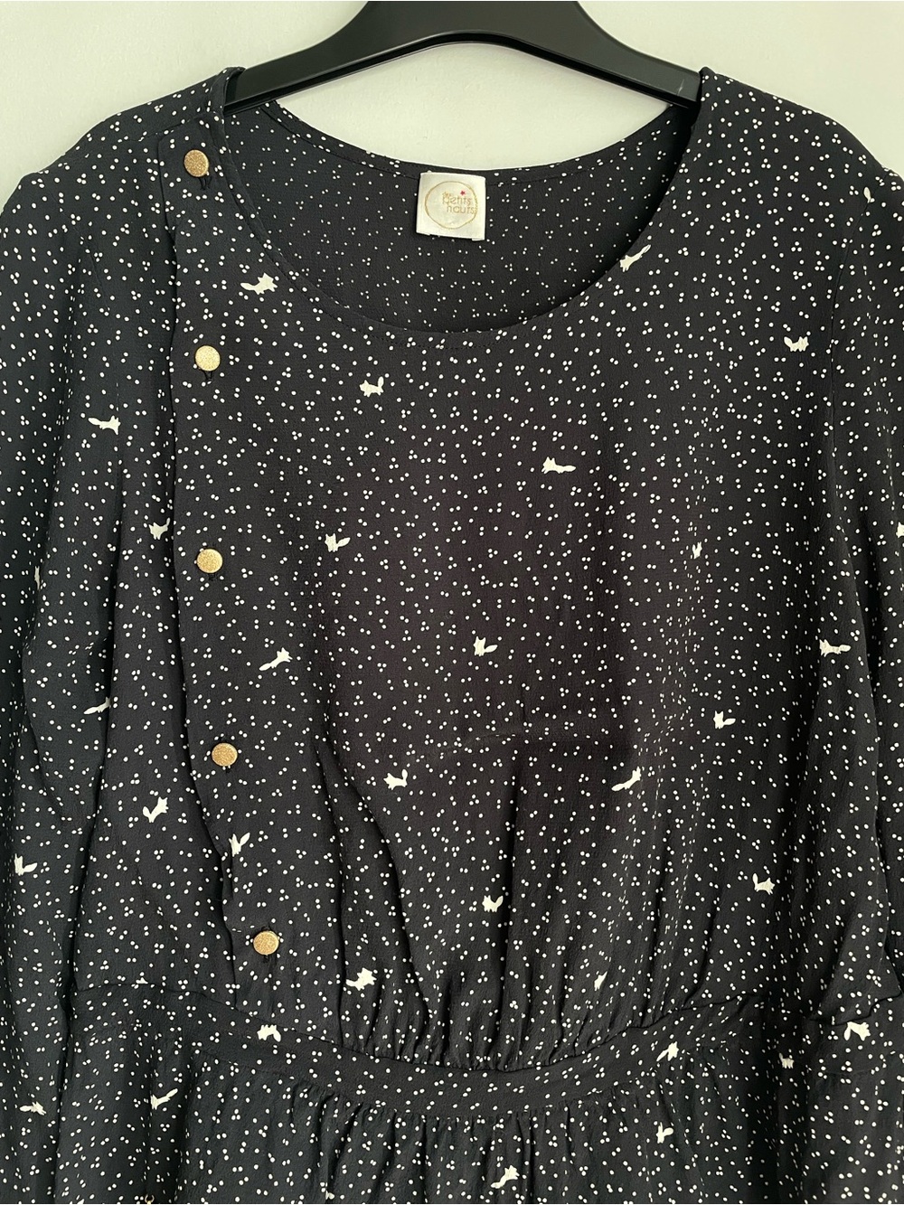 DES PETITS HAUTS Black Long Sleeve Peplum Button Top with White Micro Print - Picture 4 of 15